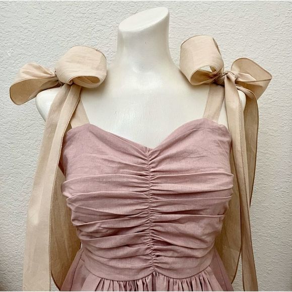 MIDI Dress, Ruched Bodice, Smocked Back, Long Wide Ties, S/M Fit, Dusty … - Picture 6 of 8